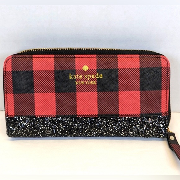 Kate Spade Red and Black Buffalo Plaid and Glitter Wallet Like New - Picture 1 of 4